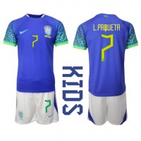 Echipament fotbal Brazilia Lucas Paqueta #7 Tricou Deplasare Mondial 2022 pentru copii maneca scurta (+ Pantaloni scurti)